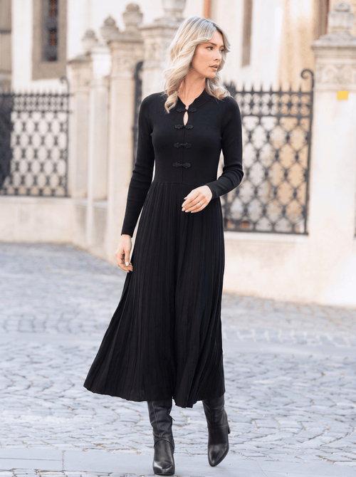 Rochie lungă neagră cu fustă plisată Evelina Natalee