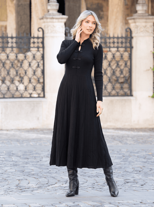 Rochie lungă neagră cu fustă plisată Evelina Natalee