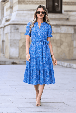 Rochie midi albastră cu imprimeu floral Mara Natalee Fashion