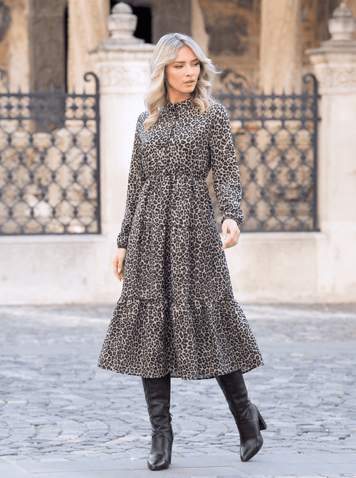 Rochie midi bej cu imprimeu leopard Carina Natalee