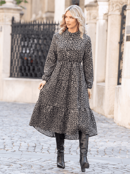 Rochie midi bej cu imprimeu leopard Carina Natalee