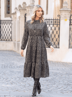 Rochie midi bej cu imprimeu leopard Carina Natalee