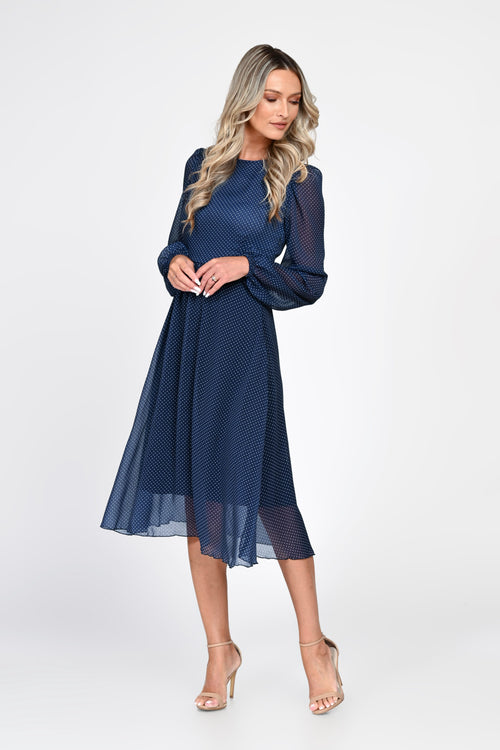 Rochie midi bleumarin cu buline Amelia Natalee
