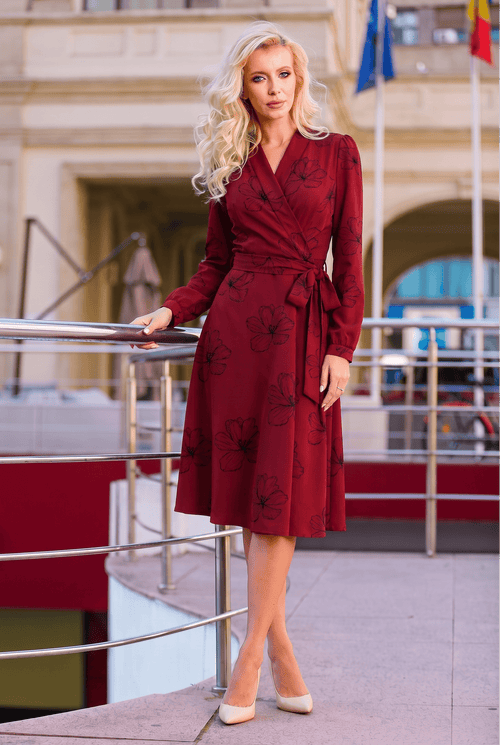 Rochie midi bordo cu imprimeu floral Evelina Natalee