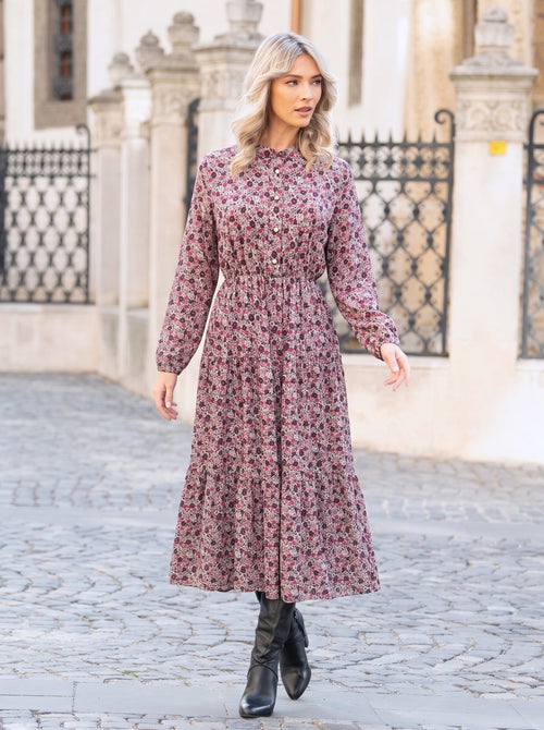 Rochie midi cu imprimeu floral roz-bordo Miruna Natalee