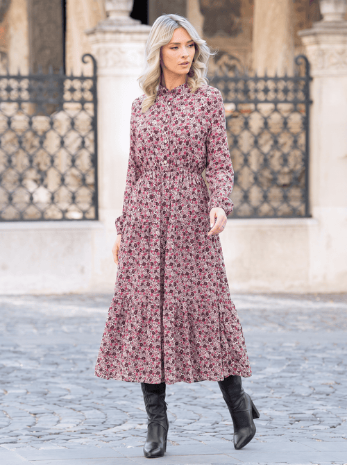 Rochie midi cu imprimeu floral roz-bordo Miruna Natalee