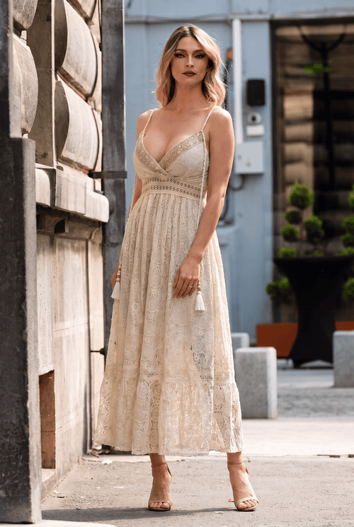 Rochie midi din dantelă crem Isadora Natalee