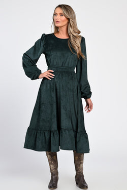 Rochie midi din raiat verde închis cu volane – rochia Eliza Natalee