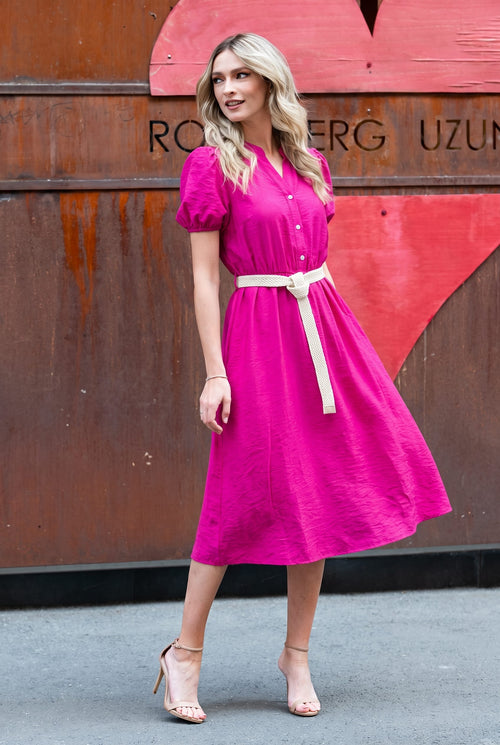 Rochie midi fucsia cu cordon în talie Elena Natalee