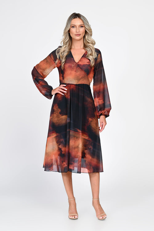 Rochie midi imprimată în nuanțe arămii Daria Natalee