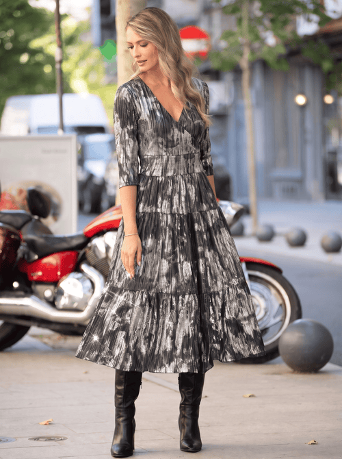 Rochie midi neagră cu imprimeu abstract Evelin Natalee