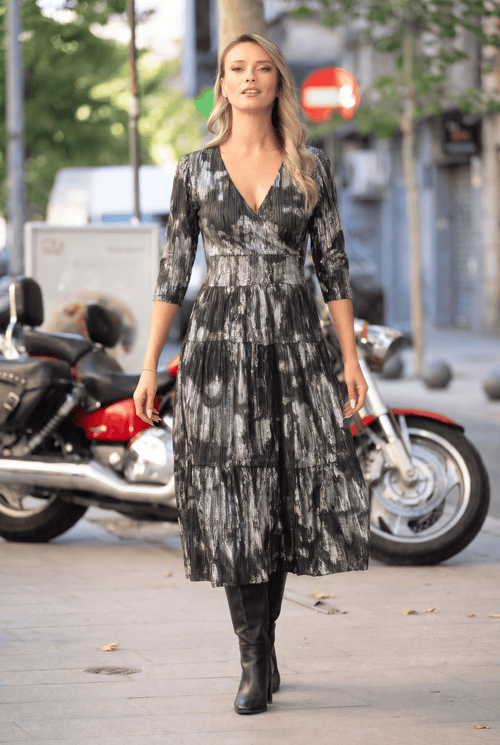 Rochie midi neagră cu imprimeu abstract Evelin Natalee