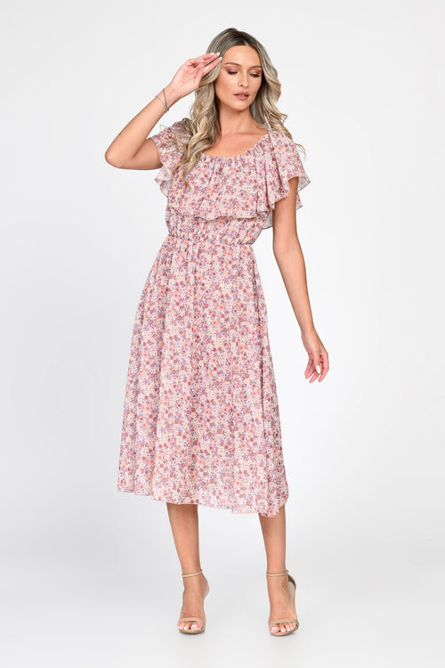 Rochie midi roz cu imprimeu floral Evelina Natalee