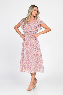 Rochie midi roz cu imprimeu floral Evelina Natalee