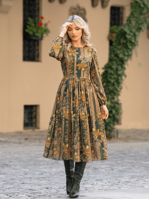 Rochie midi verde cu imprimeu floral-paisley Casiana Natalee