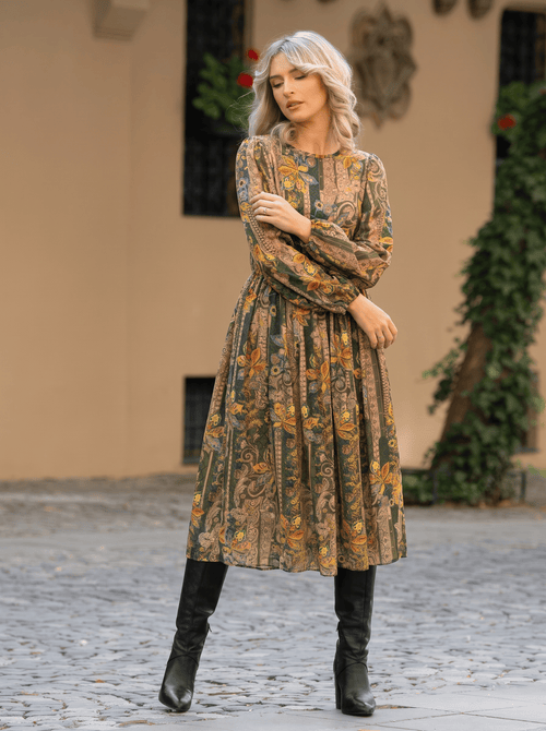 Rochie midi verde cu imprimeu floral-paisley Casiana Natalee