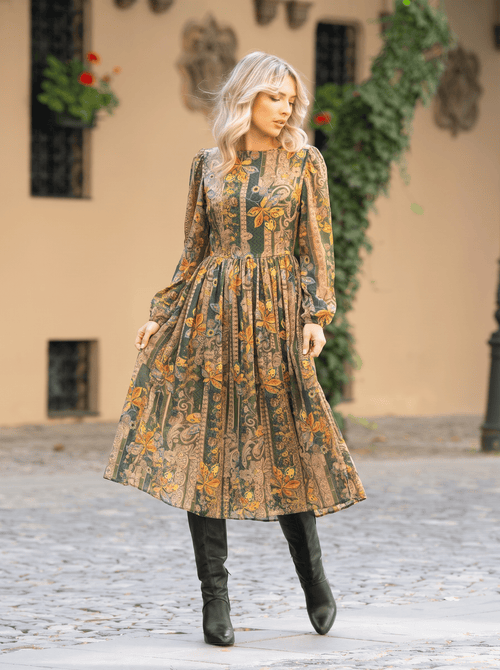 Rochie midi verde cu imprimeu floral-paisley Casiana Natalee