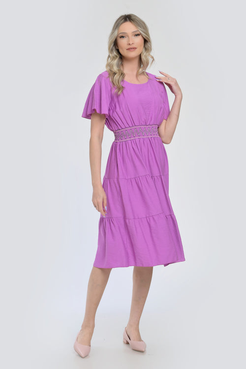 Rochie mov midi cu talie elastică și mâneci scurte vaporoase Natalee