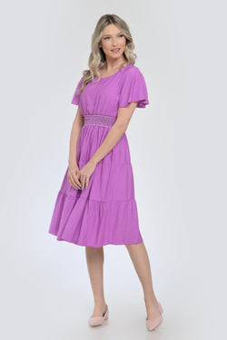 Rochie mov midi cu talie elastică și mâneci scurte vaporoase Natalee