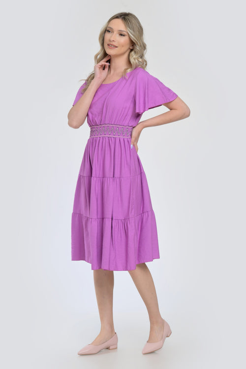 Rochie mov midi cu talie elastică și mâneci scurte vaporoase Natalee