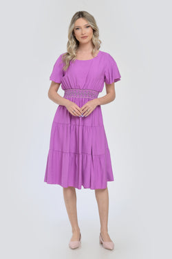 Rochie mov midi cu talie elastică și mâneci scurte vaporoase Natalee
