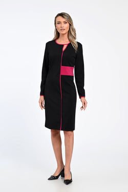 Rochie office neagră cu inserții fucsia și decolteu discret – rochia Alina Natalee