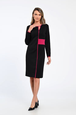 Rochie office neagră cu inserții fucsia și decolteu discret – rochia Alina Natalee