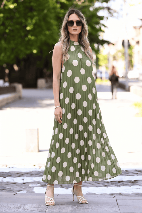 Rochie plisată cu buline Amelia S/M / kaki Natalee