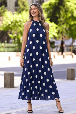 Rochie plisată cu buline Serena S/M / bleumarin Natalee