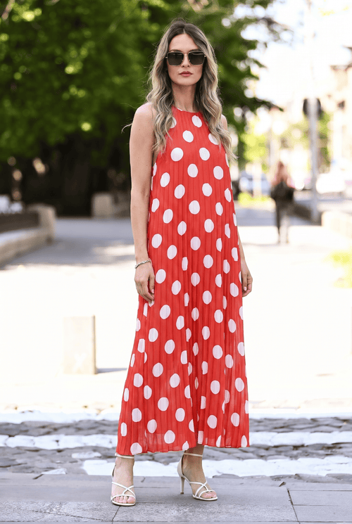 Rochie plisată cu buline Serena L/XL / rosu Natalee