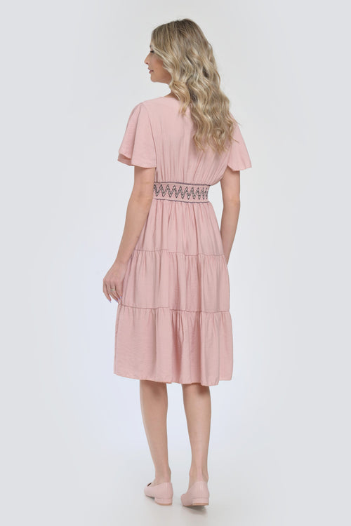 Rochie roz pudrat midi cu talie elastică și mâneci vaporoase Natalee