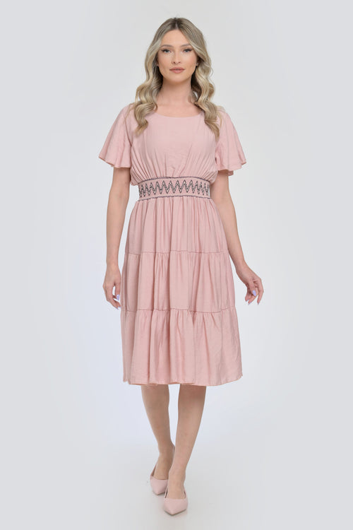 Rochie roz pudrat midi cu talie elastică și mâneci vaporoase Natalee