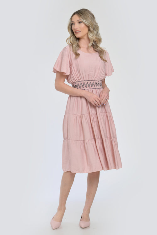 Rochie roz pudrat midi cu talie elastică și mâneci vaporoase Natalee