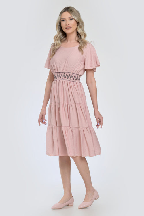 Rochie roz pudrat midi cu talie elastică și mâneci vaporoase Natalee