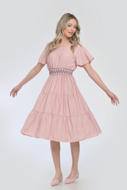 Rochie roz pudrat midi cu talie elastică și mâneci vaporoase Natalee