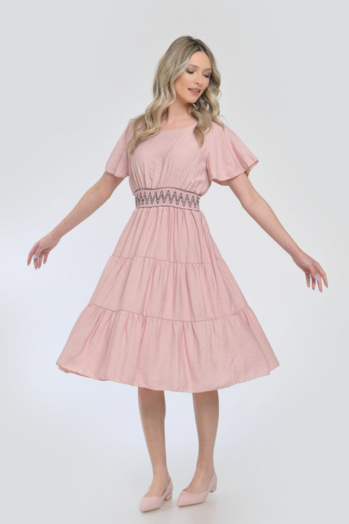 Rochie roz pudrat midi cu talie elastică și mâneci vaporoase Natalee