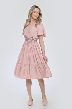 Rochie roz pudrat midi cu talie elastică și mâneci vaporoase Natalee
