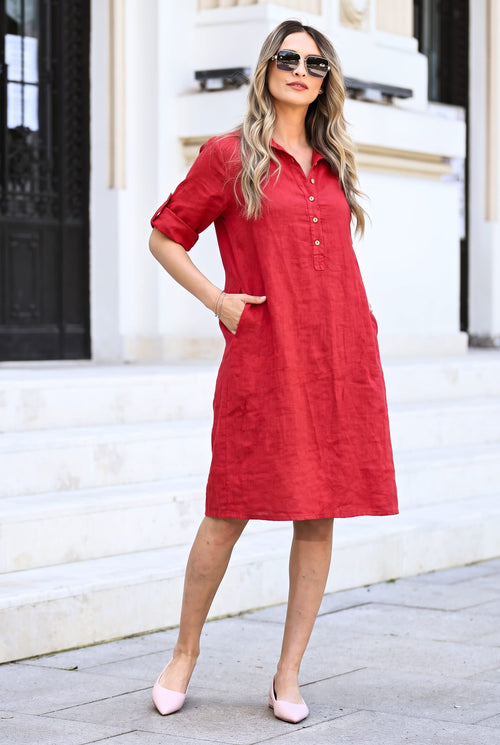 Rochie tip cămașă roșie din in Amalia Natalee Fashion
