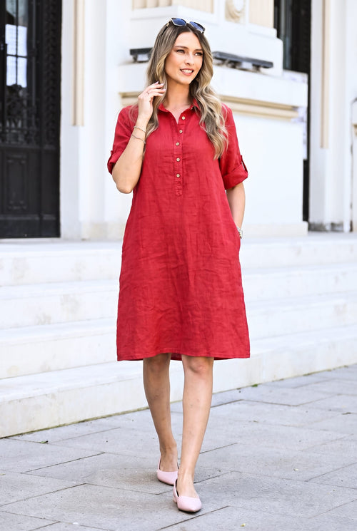 Rochie tip cămașă roșie din in Amalia Natalee Fashion