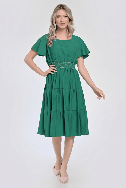 Rochie verde midi cu talie elastică și volane lejere Natalee