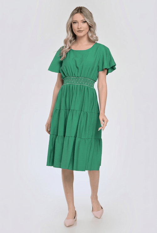 Rochie verde midi cu talie elastică și volane lejere Natalee