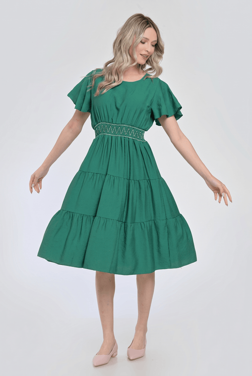 Rochie verde midi cu talie elastică și volane lejere Natalee