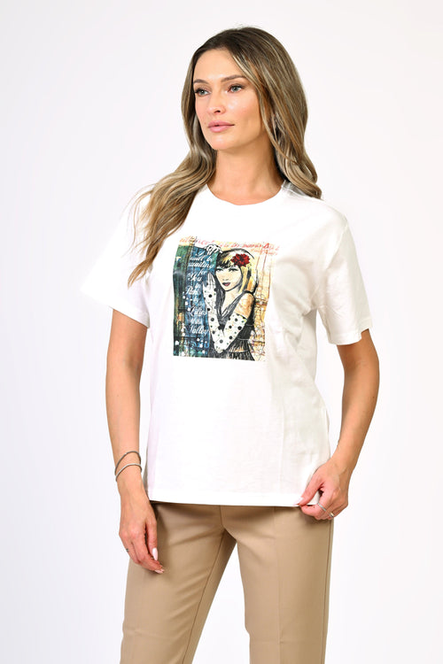 Tricou alb din bumbac cu imprimeu artistic – model Mira Natalee
