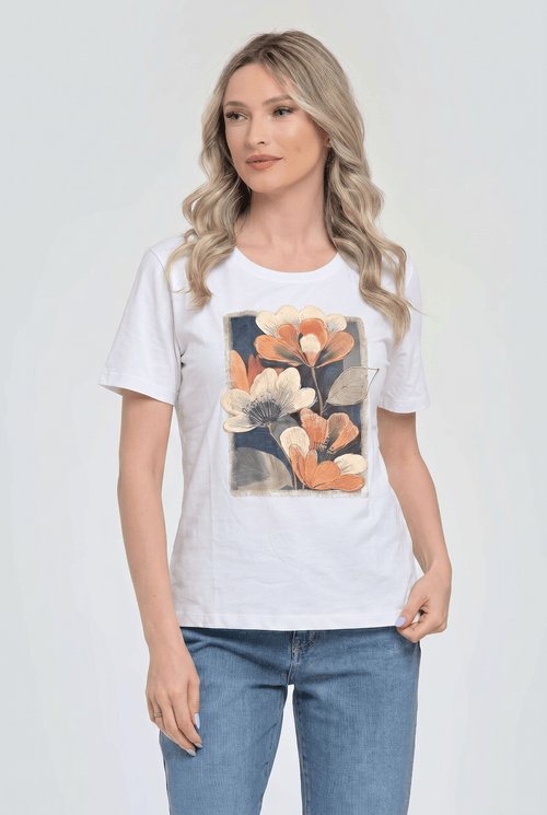 Tricou damă alb din bumbac cu imprimeu floral 3D Serena Natalee