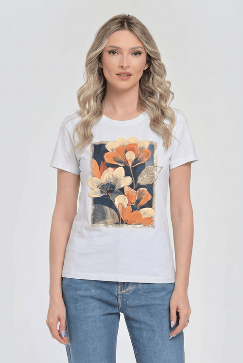 Tricou damă alb din bumbac cu imprimeu floral 3D Serena Natalee