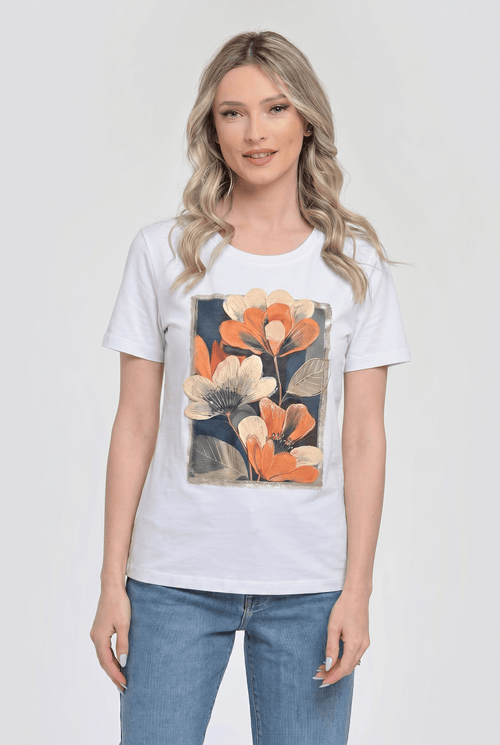 Tricou damă alb din bumbac cu imprimeu floral 3D Serena Natalee