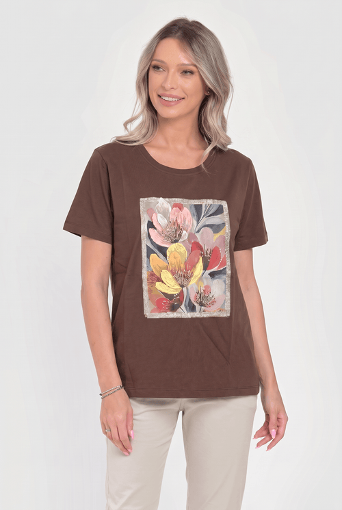 Tricou damă maro din bumbac cu imprimeu floral 3D Carmina Natalee