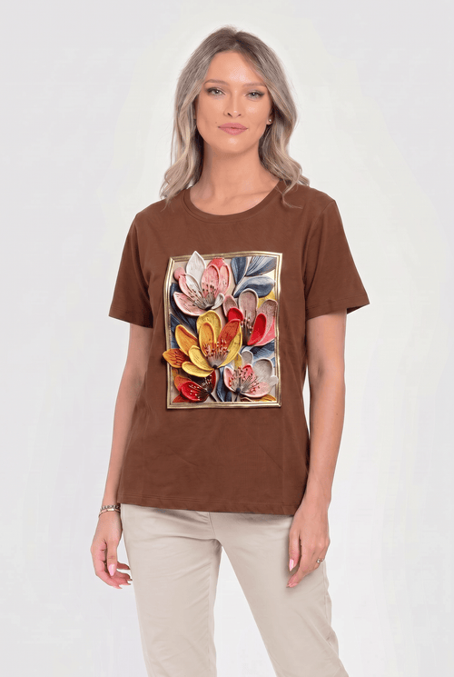 Tricou damă maro din bumbac cu imprimeu floral 3D Carmina Natalee