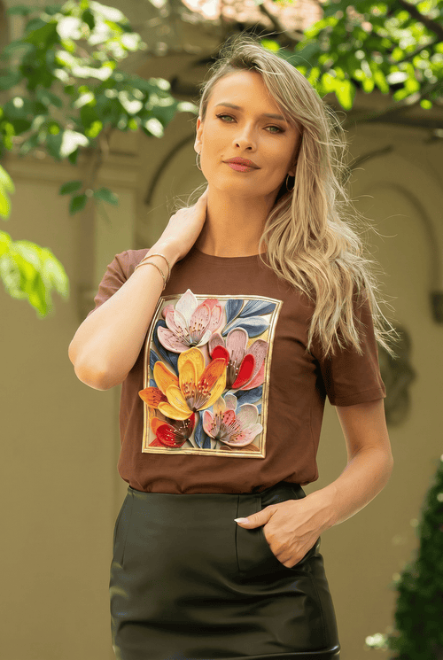 Tricou damă maro din bumbac cu imprimeu floral 3D Carmina Natalee