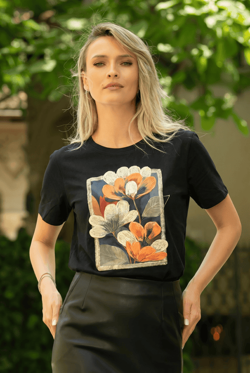 Tricou damă negru cu imprimeu floral 3D și aplicații Aurora Natalee